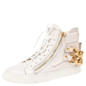 Pre Owned Giuseppe Zanotti White Leather Double Zip High Top Sneakers Size 36.5