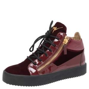 Giuseppe Zanotti Burgundy Velvet and Patent Leather Kriss Hi-Top Sneakers Size 41