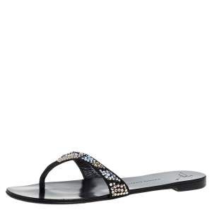 Pre Owned Giuseppe Zanotti Black Crystal Embellished Flat Sandals Size 40