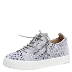 Pre Owned Giuseppe Zanotti Grey Suede Crystal Embellished Doris Sneakers Size 36