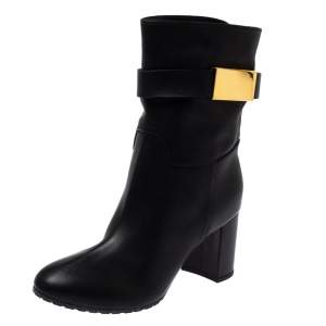 Pre Owned Giuseppe Zanotti Black Leather Logo Plaque Ankle Boots Size 37