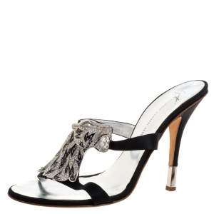 Pre Owned Giuseppe Zanotti Black Satin Crystal Lion Embellished Slide Sandals Size 41