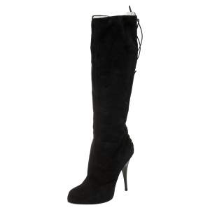 Pre Owned Giuseppe Zanotti Black Suede Lace-Up Knee Length Boots Size 39