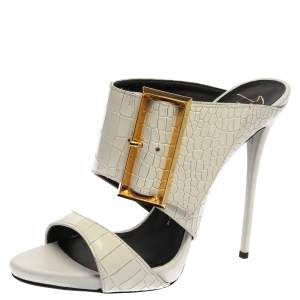 Pre Owned Giuseppe Zanotti White Croc Embossed Leather Beverly Buckle Detail Open Toe Sandals Size 40