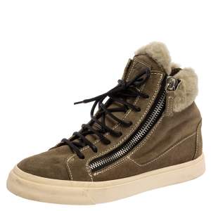 Pre Owned Giuseppe Zanotti Olive Green Suede Leather And Shearling Trim Double Zipper High Top Sneakers Size 38