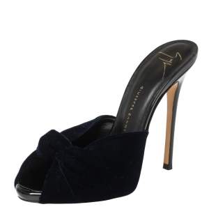 Pre Owned Giuseppe Zanotti Dark Blue Velvet Knotted Slide Sandals Size 36