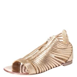 Pre Owned Giuseppe Zanotti Gold Glitter Zipped Caged Flat Sandals Size 36 