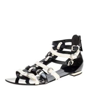 Pre Owned Giuseppe Zanotti Black/White Patent Leather Buckle Detail Gladiator Flat Sandals Size 40