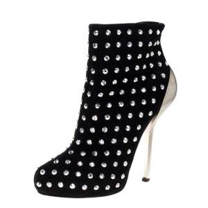 Pre Owned Giuseppe Zanotti Black Suede Crystal Embellished Boots Size 36