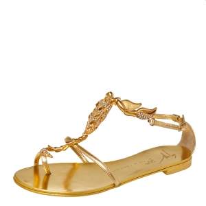 Pre Owned Giuseppe Zanotti Metallic Gold Leather Scorpion Crystal Embellished Flat Sandals Size 36.5