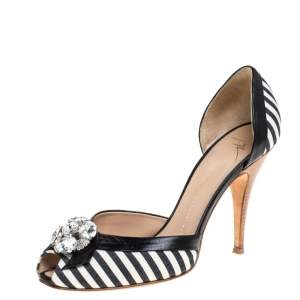 Pre Owned Giuseppe Zanotti Black/White Stripe Canvas And Leather Crystal Embellished D' Orsay Pumps Size 39