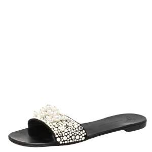 Pre Owned  Giuseppe Zanotti Black Suede Pearl Embellished Flat Slides Size 38