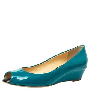 Pre Owned Giuseppe Zanotti  Pine Green Patent Leather Peep Toe Wedge Pumps Size 38