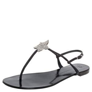 Pre Owned Giuseppe Zanotti Black Leather T Strap Crystal Embellished Flat Sandals Size 41