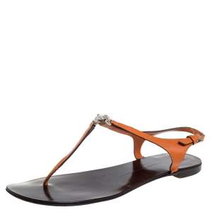 Giuseppe Zanotti Orange Leather Crystal Embellished Thong Flats Size 41