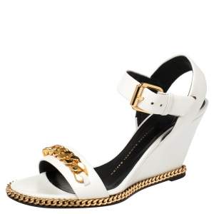 Pre Owned Giuseppe Zanotti White Leather Chain-Link Wedge Sandals Size 38