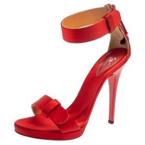 Pre Owned Giuseppe Zanotti Red Satin Ankle Strap Open Toe Sandals Size 38