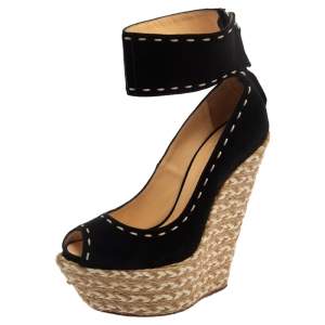 Pre Owned Giuseppe Zanotti Black Suede Espadrille Wedge Ankle Strap Peep Toe Pumps Size 37