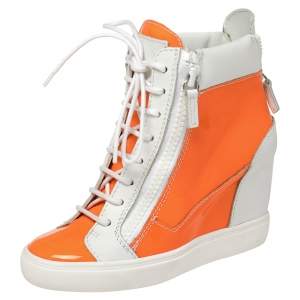 Pre Owned  Giuseppe Zanotti  White/Neon Orange  Patent And Leather High Top Wedge Sneakers Size 37.5