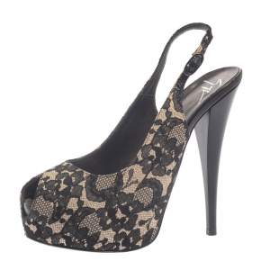 Pre Owned Giuseppe Zanotti Black Lace Peep Toe Slingback Sandals Size 37.5