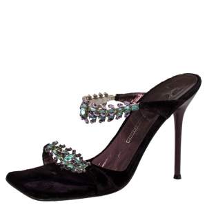 Pre Owned Giuseppe Zanotti Purple Velvet Crystal Embellished Slide Sandals Size 39