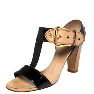 Pre Owned Giuseppe Zanotti Black/ Beige Patent Leather T Strap Ankle Strap Sandals Size 38