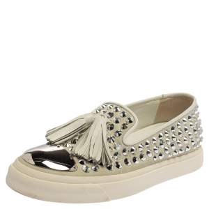 Pre Owned Giuseppe Zanotti Light Grey Suede Crystal Studded Tassel Sneakers Size 37