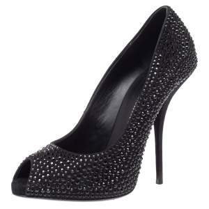 Giuseppe Zanotti Black Suede Nika Crystal Embellished Peep Toe Pumps Size 38