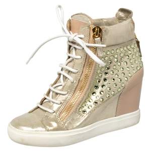 Pre Owned Giuseppe Zanotti Gold/Beige Leather And Suede Crystal Embellished Wedge Sneakers Size 37.5