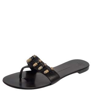 Pre Owned Giuseppe Zanotti Black Leather Studded Thong Sandals Size 37