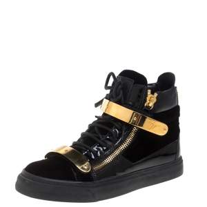 Pre Owned Giuseppe Zanotti Black/Gold Velvet And Leather Coby High Top Sneakers Size 38