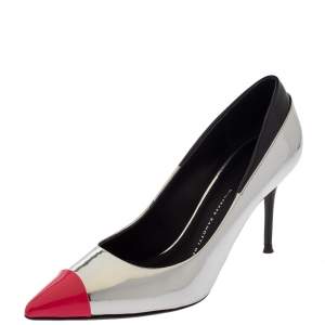 Pre Owned Giuseppe Zanotti Metallic Silver Leather Cap Toe Pointed Pumps Size 38