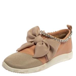 Pre Owned Giuseppe Zanotti Pink Mesh And Leather Crystal Embellished Bow Sneakers Size 40.5