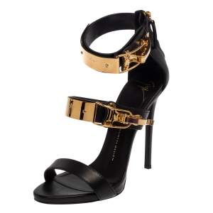 Pre Owned Giuseppe Zanotti Black Leather Strappy Ski Buckle Embellished Sandals Size 39.5