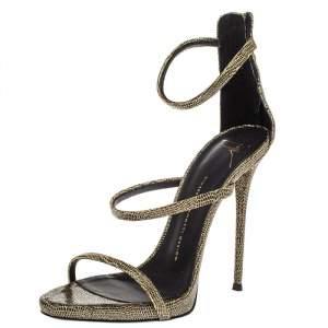 Pre Owned Giuseppe Zanotti Black/Gold Glitter Fabric Harmony Strap Sandals Size 40