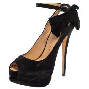 Pre Owned Giuseppe Zanotti Black Suede Bow Peep Toe Platform Ankle Strap Pumps Size 35