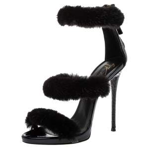 Giuseppe Zanotti Black Leather And Fur Triple Strap Sandals Size 37