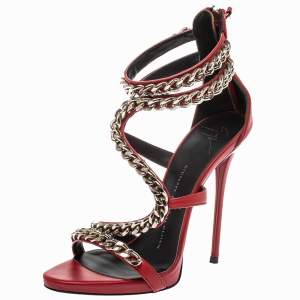 Giuseppe Zanotti Red Leather Chain Wrapped Samantha Sandals Size 37