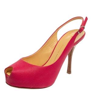 Pre Owned Giuseppe Zanotti Pink Lizard Embossed Leather Slingback Sandals Size 39