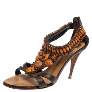 Pre Owned Giuseppe Zanotti Brown Leather Embellished Sandals Size 38.5