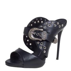 Pre Owned Giuseppe Zanotti Black Leather Coline Western Buckle Stud Mule Sandals Size 37