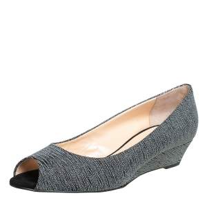 Pre Owned Giuseppe Zanotti Metallic Grey Glitter Fabric Wedge Peep Toe Pumps Size 39.5