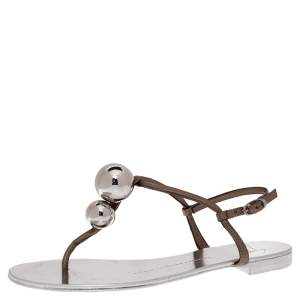 Pre Owned Giuseppe Zanotti Grey Leather Embellished Flat Ankle Strap Sandals Size 36