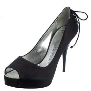 Giuseppe Zanotti Black Satin Peep Toe Knot Detailed Pumps Size 36.5