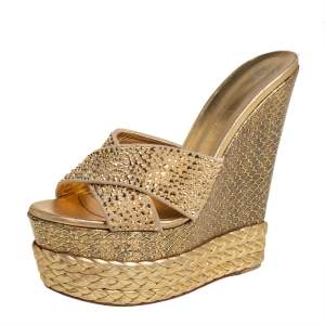 Pre Owned Giuseppe Zanotti Gold Suede Crystal Embellished Platform Wedge Sandals Size 40