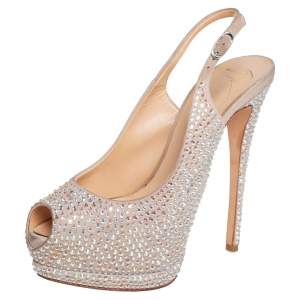 Pre Owned Giuseppe Zanotti Beige Suede Crystal Embellished Liza Peep Toe Platform Pumps Size 37.5
