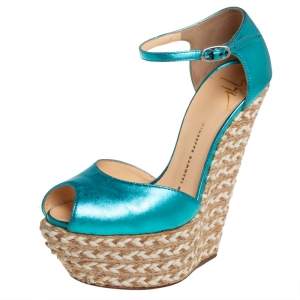 Pre Owned Giuseppe Zanotti Metallic Blue Leather Peep Toe Wedge Sandals Size 36 