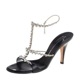 Pre Owned Giuseppe Zanotti Black Leather Crystal Embellished T Strap Sandals Size 38.5