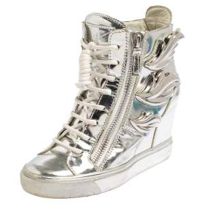 Pre Owned Giuseppe Zanotti Metallic Silver Leather Double Zip Wedge Sneakers Size 35