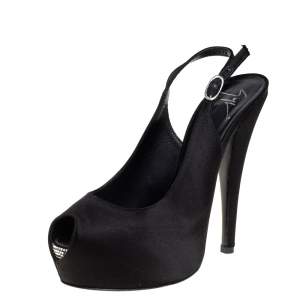 Pre Owned Giuseppe Zanotti Black Satin Platform Peep Toe Slingback Sandals Size 36